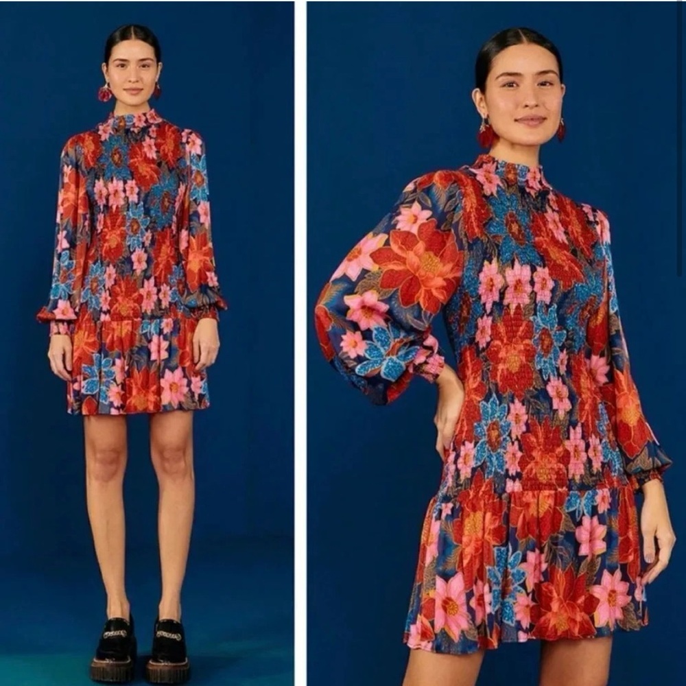 Farm Rio Garden Navy Smocked Blouson-Sleeve Mini Dress